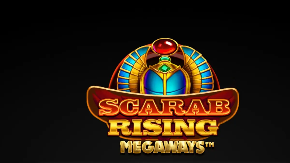 Tampilan visual slot Scarab Rising Megaways dengan simbol Mesir kuno dan gulungan emas.