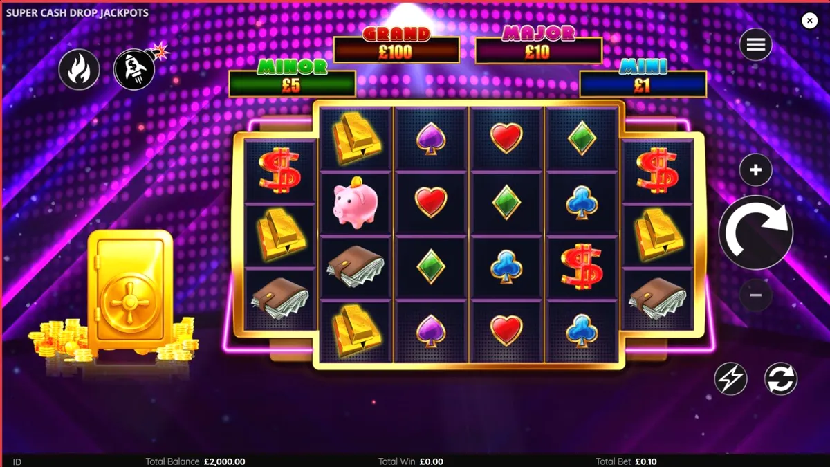 Tampilan layar permainan slot Super Cash Drop Jackpots dengan tema neon vault